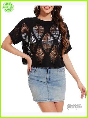 Short Sleeve Crop Top Pullover Sweater Ripped Holes Punk Gothic Lightweight